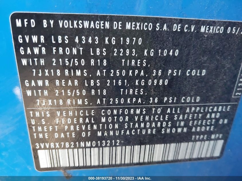 2022 VOLKSWAGEN TAOS SE - 3VVRX7B21NM013212