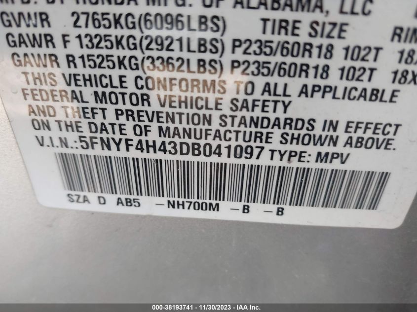 2013 HONDA PILOT EX - 5FNYF4H43DB041097
