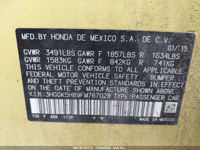 2015 HONDA FIT EX/EX-L - 3HGGK5H89FM767028
