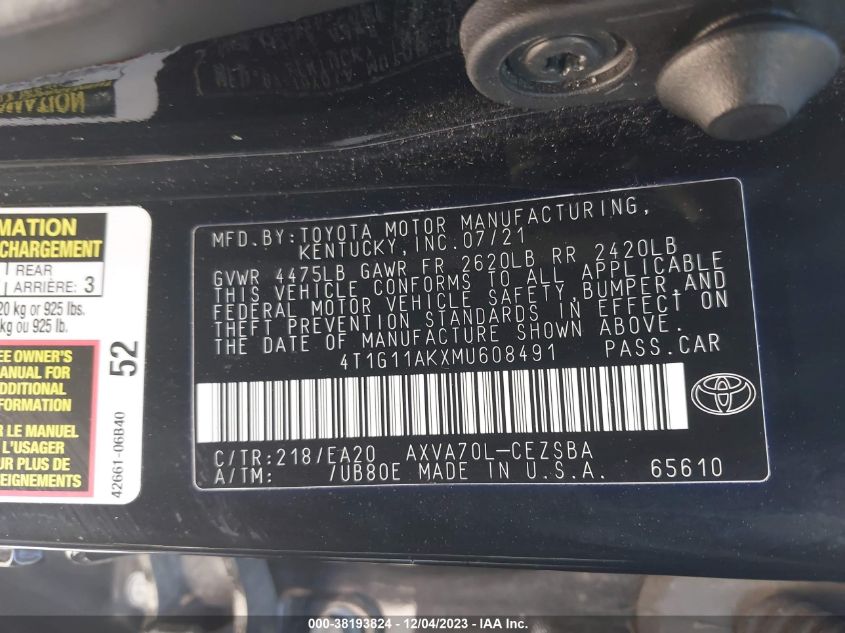 2021 TOYOTA CAMRY SE/SE NIGHT SHADE - 4T1G11AKXMU608491