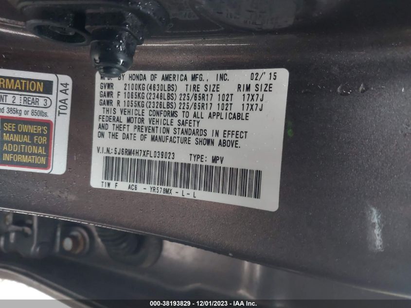 2015 HONDA CR-V EX-L - 5J6RM4H7XFL039023