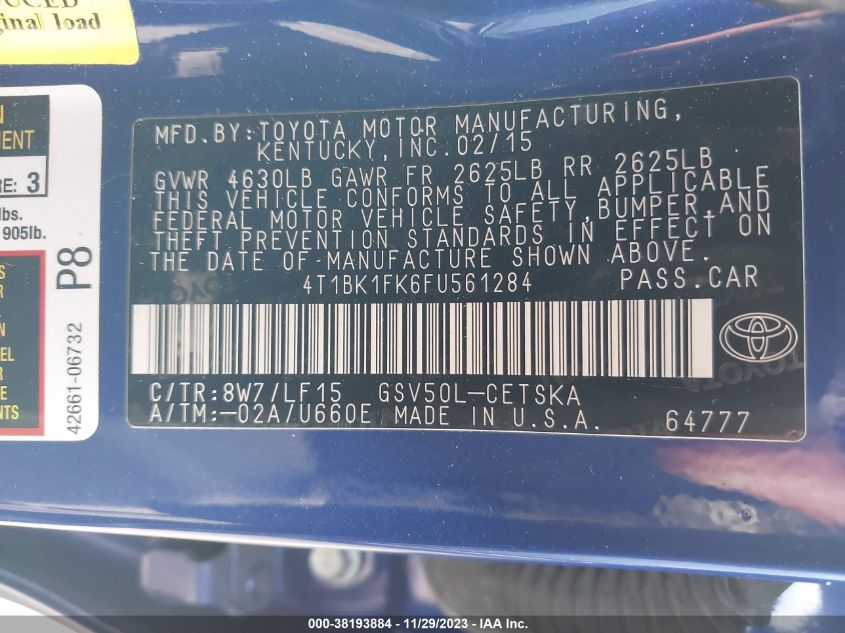 2015 TOYOTA CAMRY XSE - 4T1BK1FK6FU561284