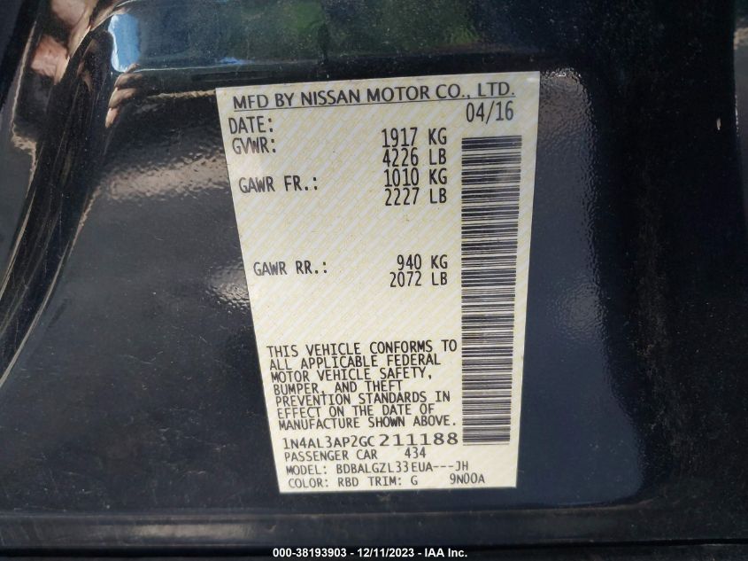 2016 NISSAN ALTIMA 2.5 S - 1N4AL3AP2GC211188