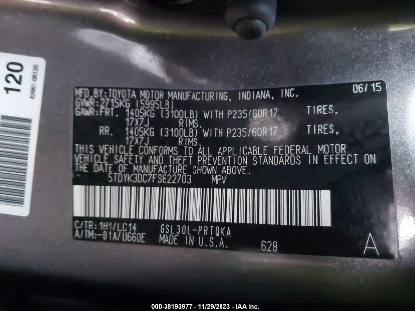 5TDYK3DC7FS622703 2015 TOYOTA SIENNA, photo no. 9