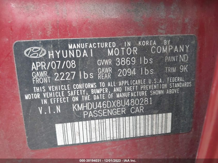 KMHDU46DX8U480281 | 2008 HYUNDAI ELANTRA