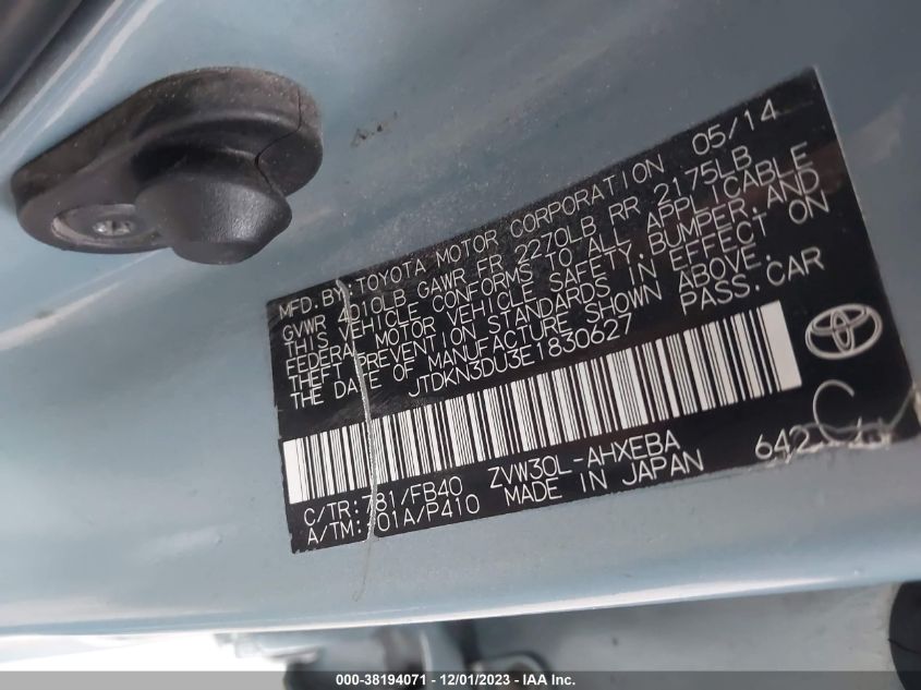 2014 TOYOTA PRIUS - JTDKN3DU3E1830627