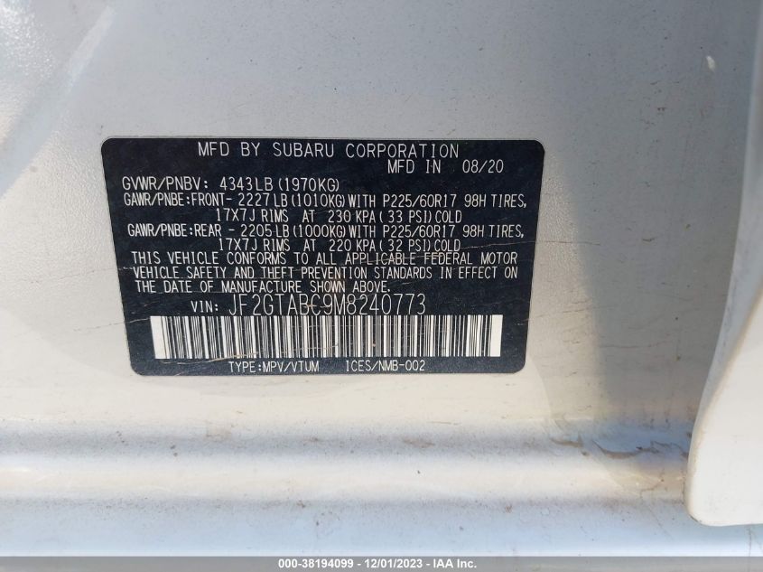 2021 SUBARU CROSSTREK - JF2GTABC9M8240773