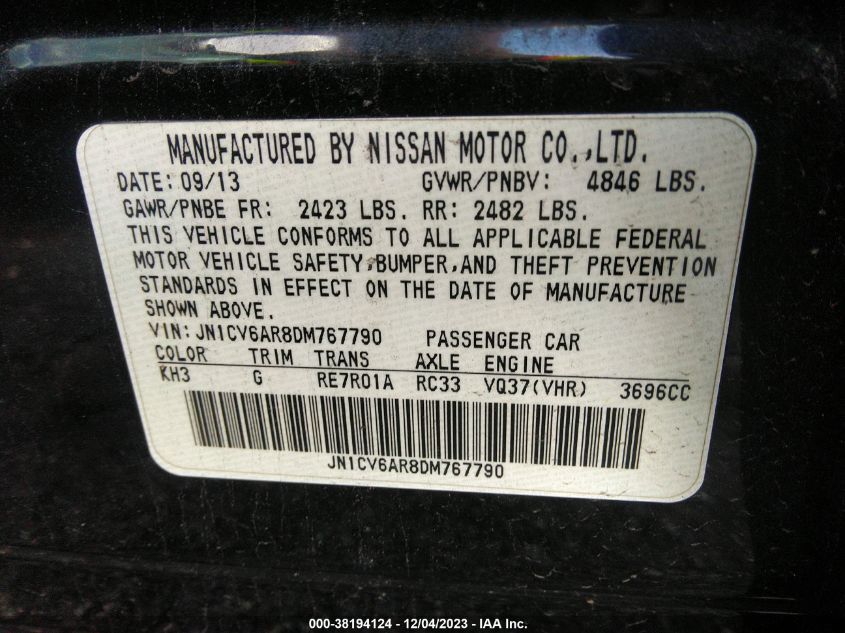 JN1CV6AR8DM767790 | 2013 INFINITI G37X