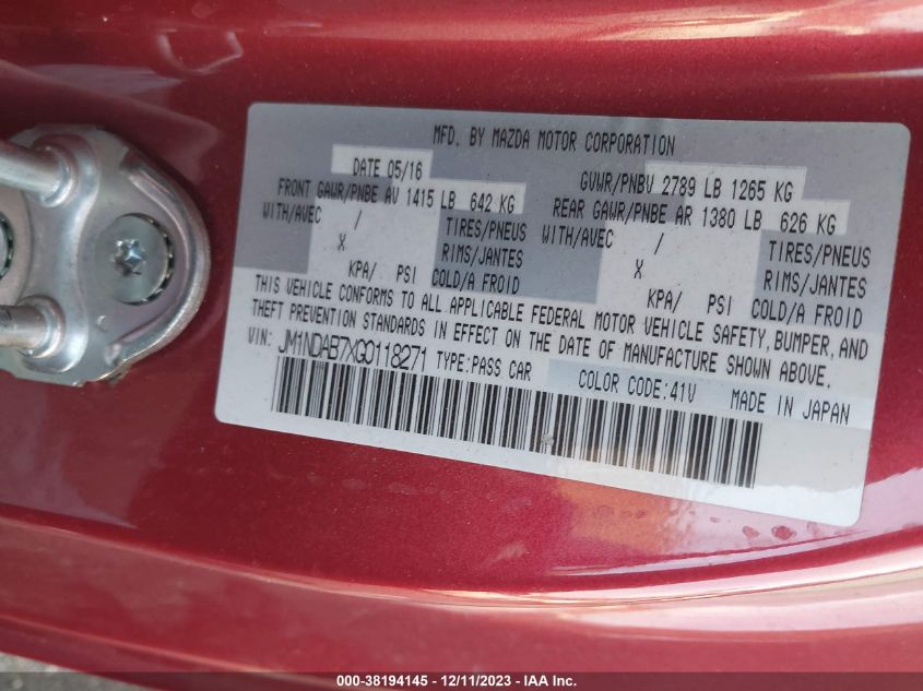 2016 MAZDA MX-5 MIATA SPORT - JM1NDAB7XG0118271