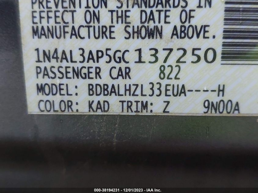 2016 NISSAN ALTIMA 2.5/S/SV/SL/SR - 1N4AL3AP5GC137250