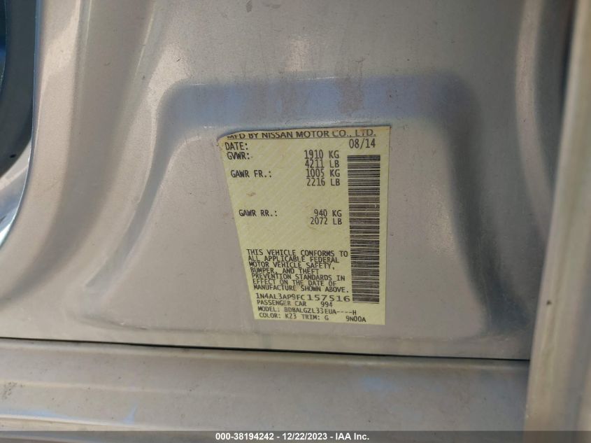 2015 NISSAN ALTIMA 2.5/S/SV/SL - 1N4AL3AP9FC157516