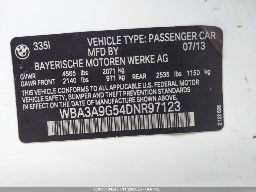 2013 BMW 335I WBA3A9G54DNR97123