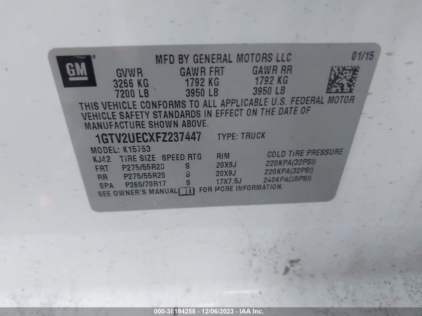 2015 GMC SIERRA 1500 SLE - 1GTV2UECXFZ237447