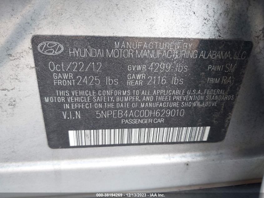 2013 HYUNDAI SONATA GLS - 5NPEB4AC0DH629010