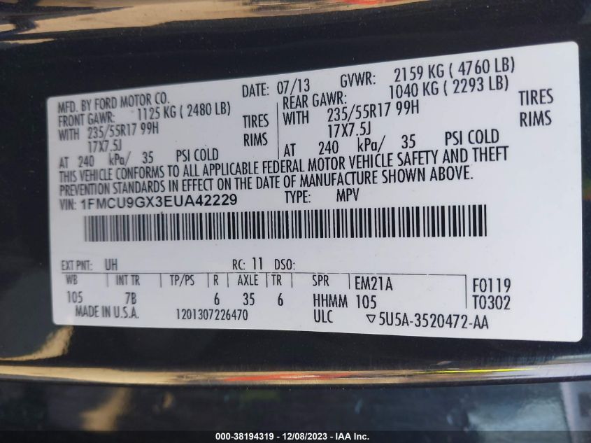 2014 FORD ESCAPE SE - 1FMCU9GX3EUA42229