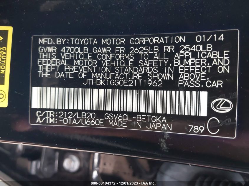 2014 LEXUS ES 350 - JTHBK1GG0E2111962
