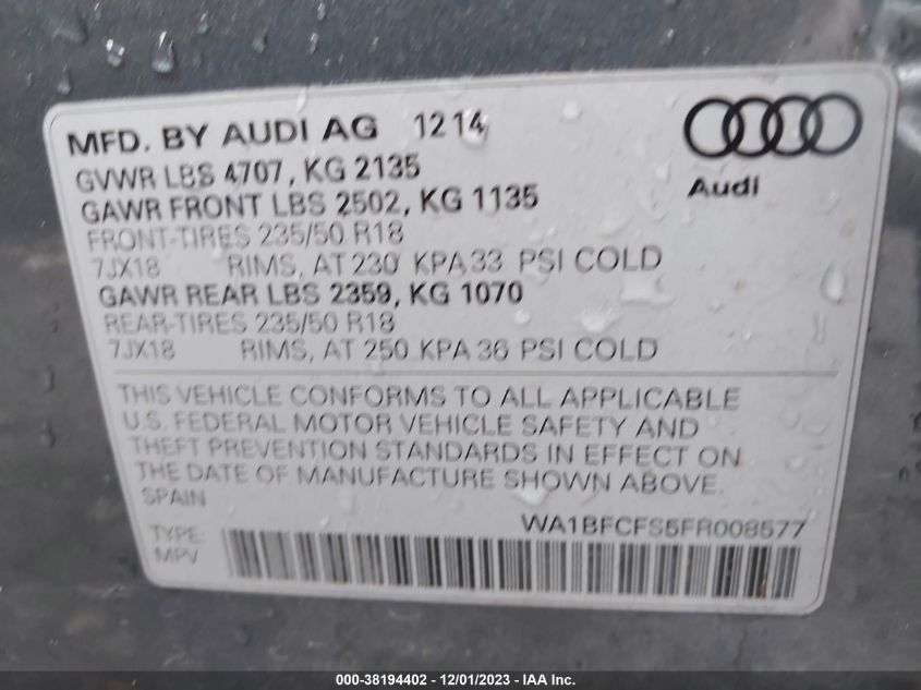 2015 AUDI Q3 2.0T PREMIUM PLUS - WA1BFCFS5FR008577