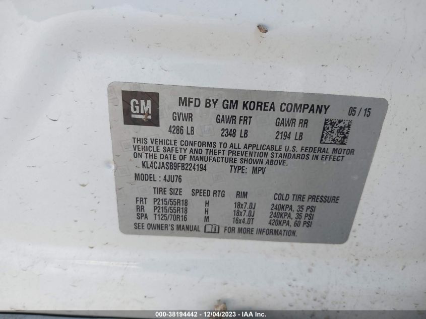 2015 BUICK ENCORE - KL4CJASB9FB224194