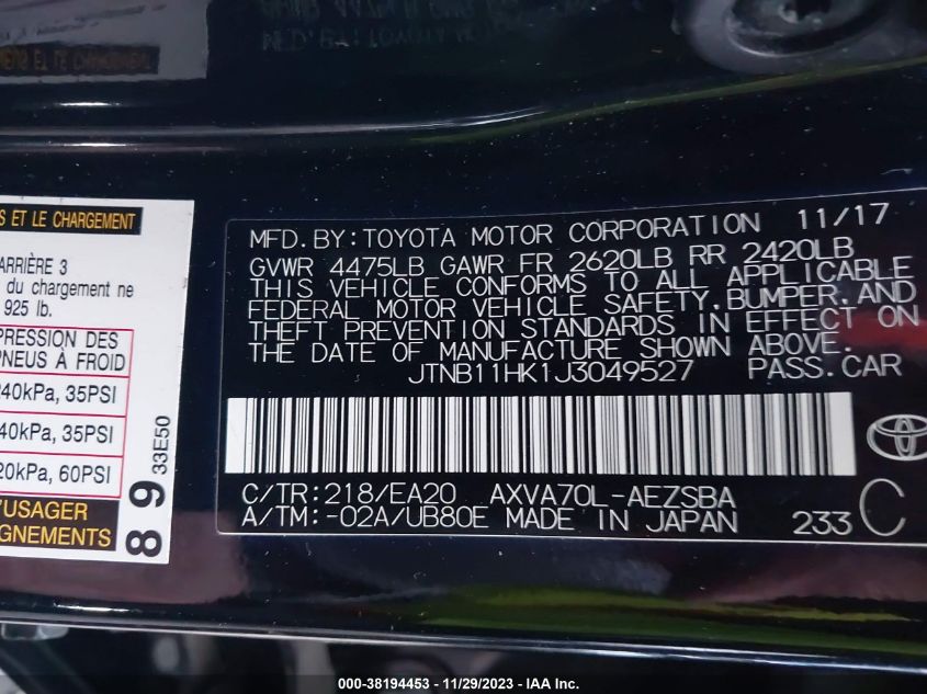 2018 TOYOTA CAMRY LE/SE/XLE/L - JTNB11HK1J3049527