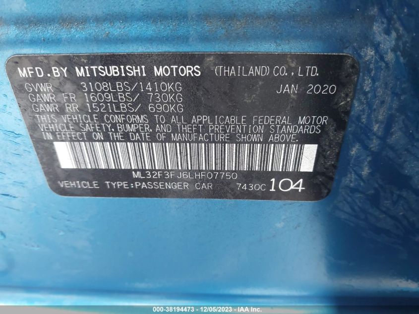 2020 MITSUBISHI MIRAGE G4 ES - ML32F3FJ6LHF07750