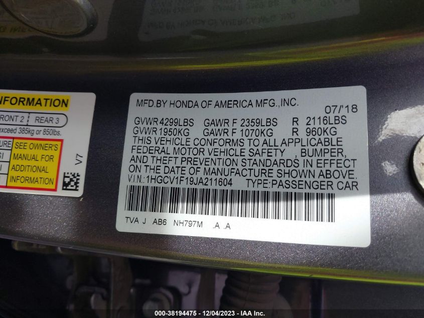 2018 HONDA ACCORD LX - 1HGCV1F19JA211604