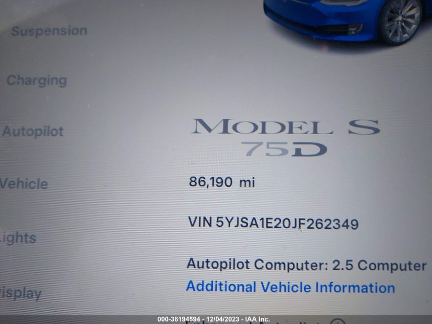 5YJSA1E20JF262349 | 2018 TESLA MODEL S