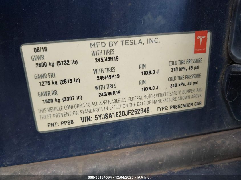 5YJSA1E20JF262349 | 2018 TESLA MODEL S