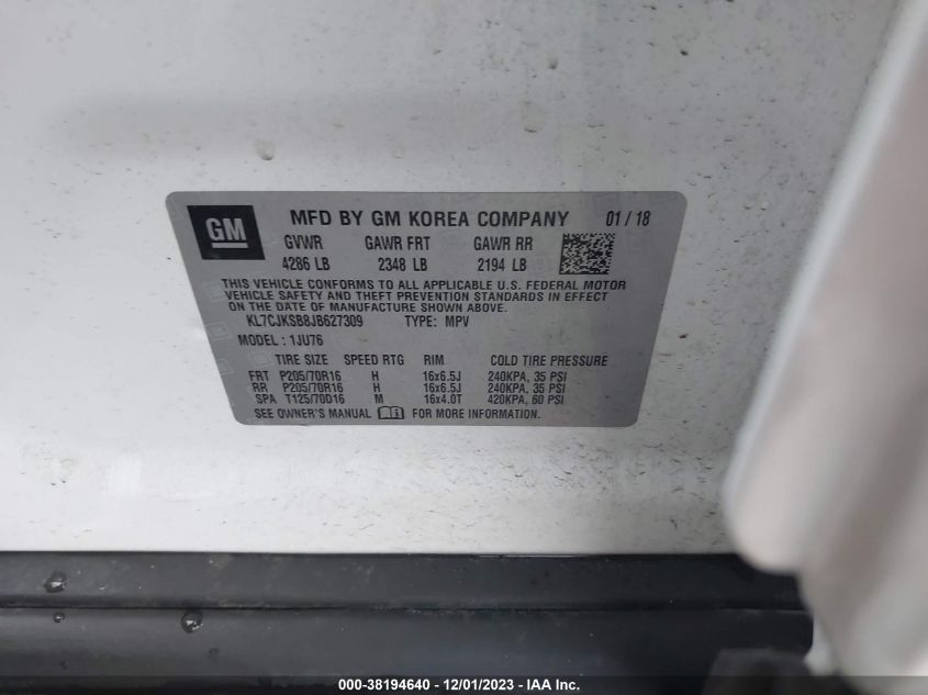 2018 CHEVROLET TRAX LS - KL7CJKSB8JB627309