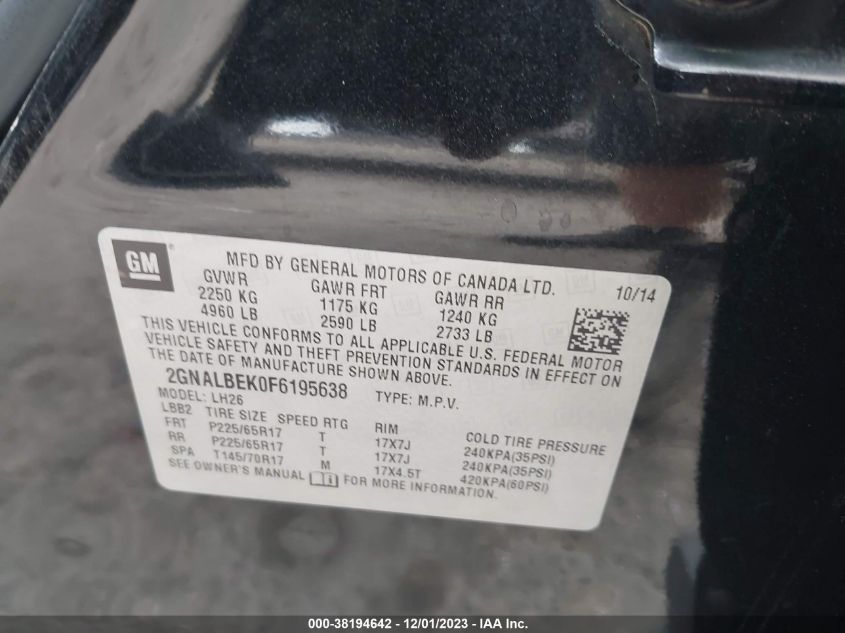 2015 CHEVROLET EQUINOX 1LT - 2GNALBEK0F6195638