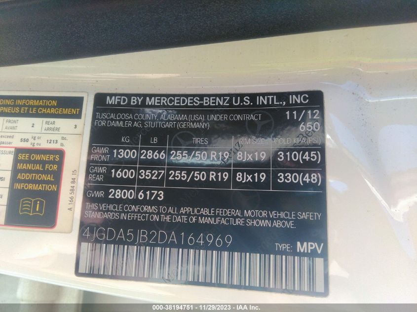 2013 MERCEDES-BENZ ML 350 4JGDA5JB2DA164969