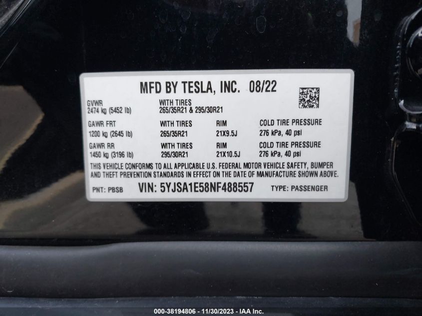 VIN 5YJSA1E58NF488557 2022 TESLA MODEL S
