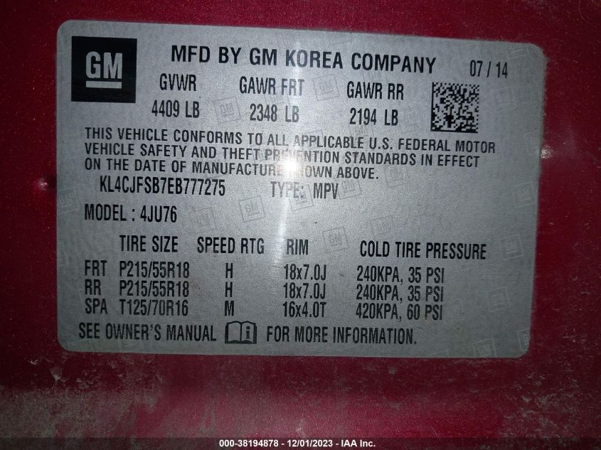 2014 BUICK ENCORE CONVENIENCE - KL4CJFSB7EB777275