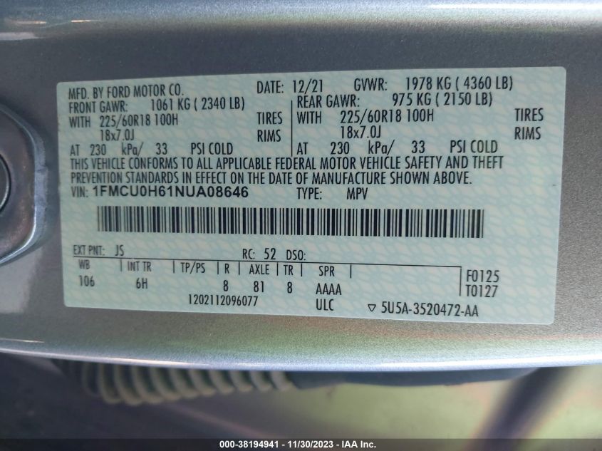 2022 FORD ESCAPE SEL - 1FMCU0H61NUA08646