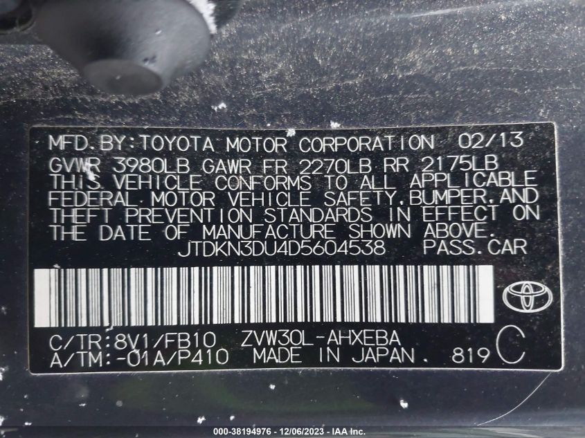 2013 TOYOTA PRIUS TWO - JTDKN3DU4D5604538