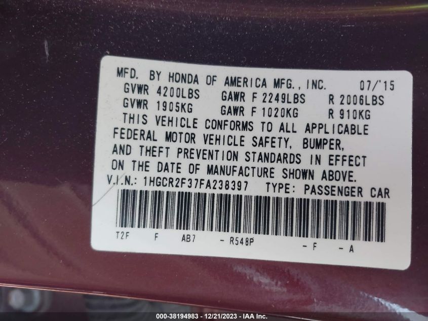 2015 HONDA ACCORD LX - 1HGCR2F37FA238397