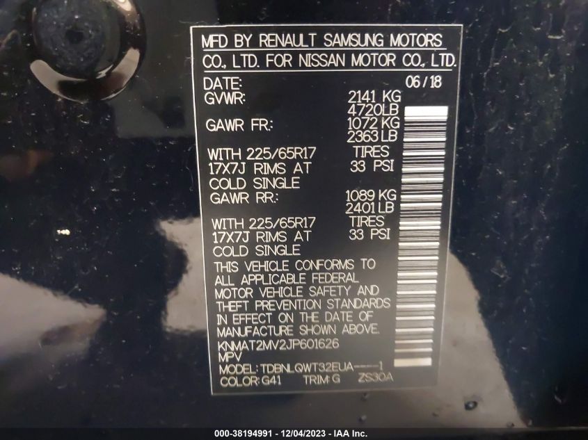 2018 NISSAN ROGUE S/SV - KNMAT2MV2JP601626