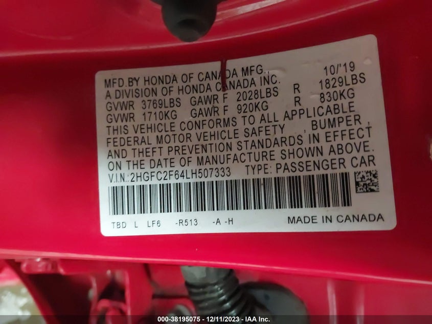 VIN 2HGFC2F64LH507333 2020 HONDA CIVIC LX