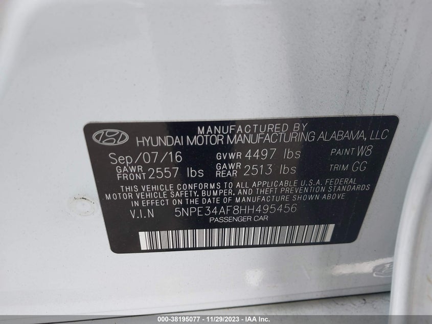 VIN 5NPE34AF8HH495456 2017 HYUNDAI SONATA SPORT/LIMITED