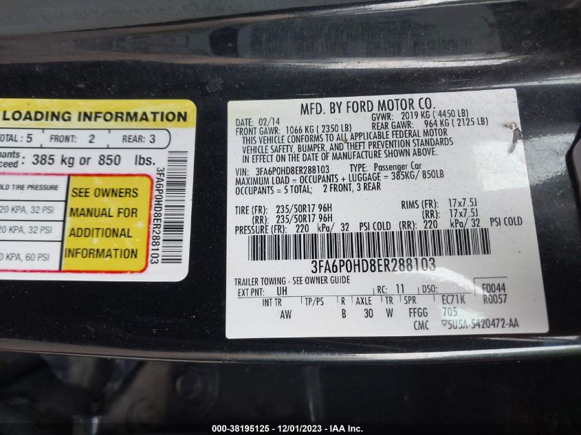 2014 FORD FUSION SE - 3FA6P0HD8ER288103