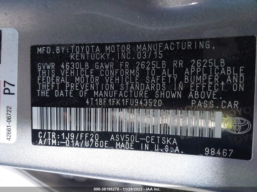 2015 TOYOTA CAMRY XLE/SE/LE/XSE - 4T1BF1FK1FU943520