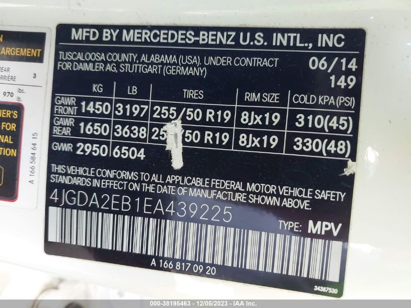 2014 MERCEDES-BENZ ML 350 BLUETEC 4MATIC - 4JGDA2EB1EA439225
