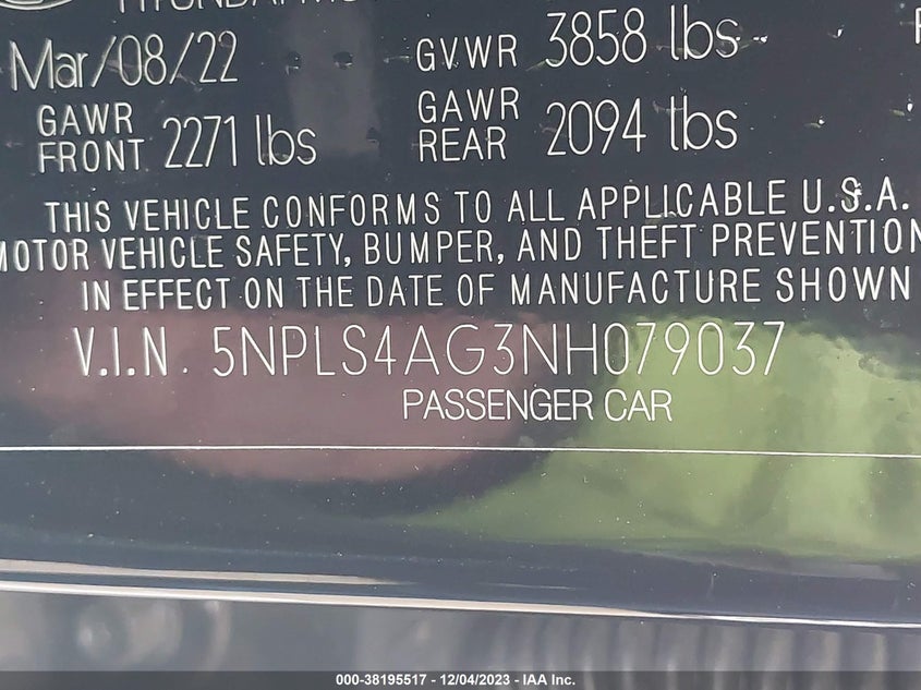 VIN 5NPLS4AG3NH079037 2022 HYUNDAI ELANTRA SEL