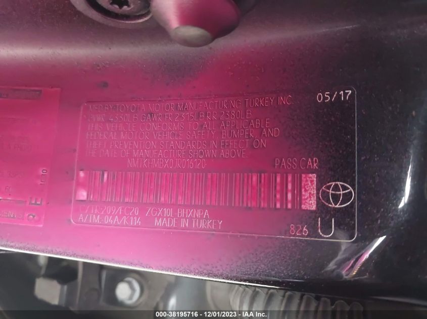 VIN NMTKHMBX0JR016120 2018 TOYOTA C-HR XLE/XLE PREMIUM