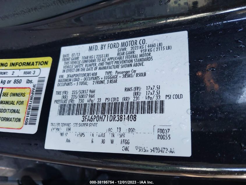 2013 FORD FUSION SE - 3FA6P0H71DR381408