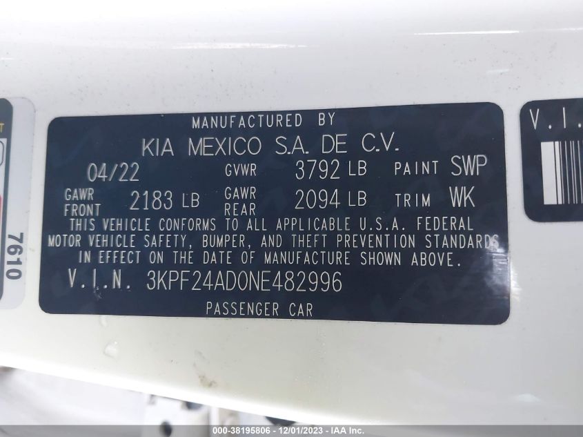 2022 KIA FORTE FE/LXS - 3KPF24AD0NE482996