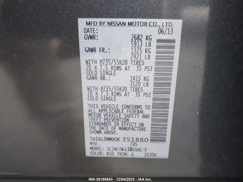 2013 INFINITI JX35 - 5N1AL0MMXDC351880