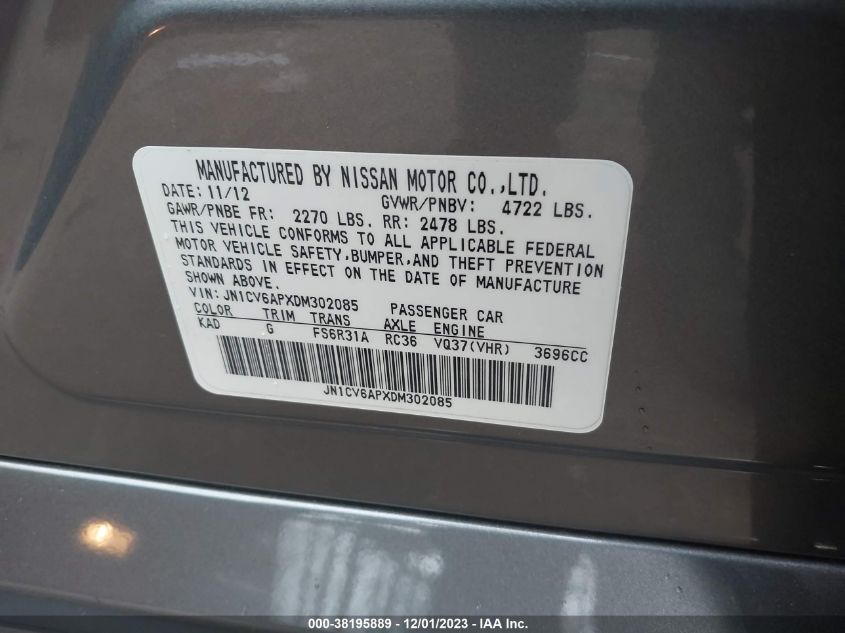 2013 INFINITI G37 SPORT JN1CV6APXDM302085