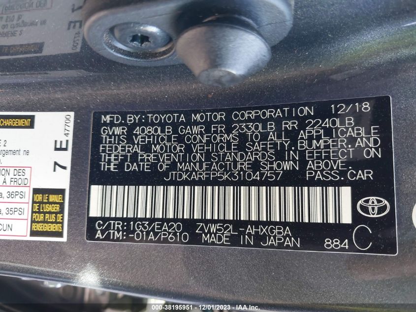 2019 TOYOTA PRIUS PRIME - JTDKARFP5K3104757