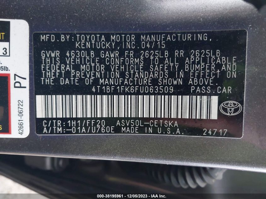 2015 TOYOTA CAMRY SE - 4T1BF1FK6FU063509