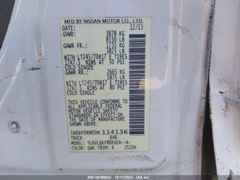 2013 NISSAN NV CARGO NV1500 S V6 1N6BF0KM5DN114136